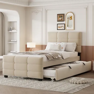 Produktbild von Flieks Polsterbett 90x190cm mit Ausziehbett, Einzelbett Jugendbett Klassisches Bett mit Lattenrost, Holzbett Kinderett, Samt, Beige