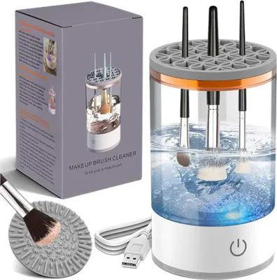 A collage showing a makeup brush cleaner device, its packaging, and a cleaning mat.