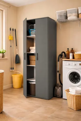 A laundry room with a storage cabinet, washing machine, and cleaning supplies.