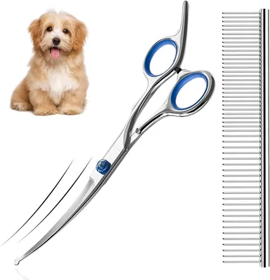 Produktbild von Schere, Haustier Kamm, aus robustem Edelstahl, mit gebogener Schere und Kamm für die Fellpflege von Hund, Katze und anderen Haustieren