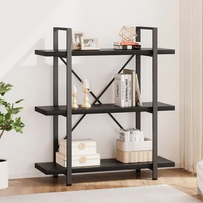 Productafbeelding van Boekenkast, 3 niveaus, metalen frame met houtlook, zwart, 83x90x102 cm