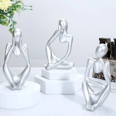Productafbeelding van Unyqoos® Moderne abstracte sculpturen – 3 decoratieve figuren van polyresin, zilver, voor woonkamer en kantoor, cadeau
