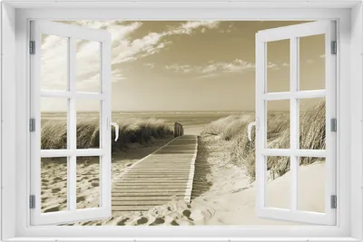 Produktbild von Wallario Wandbild mit Fenster-Illusion: Auf dem Holzweg zum Strand in Sepiafarben, Größe: 61 x 91,5 cm, Poster mit rahmenlosen Bildhalter