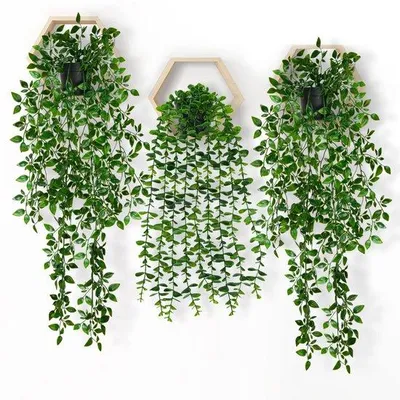 Productafbeelding van Unyqoos® Kunstplanten, set van 3 – 2 klimplanten + 1 eucalyptus, groen, 50–80 cm, voor binnen en buiten, onderhoudsvrij, met verzwaarde zwarte pot