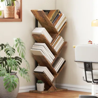 Produktbild von Bücherregal mit 7 Ebenen Schmal Regal im Baumform Standregal Bücherschrank für Büro Rustikal Braun