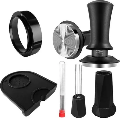 Produktbild von Kaffee-Tamp-Set - 5 Zubehörteile für Kaffee-Tampen mit Tampenwerkzeug - 51 mm Nadeln - Reservenadeln - Dosenregulierung - 51 mm Tampenmatte - für Baristen Anfänger und Experten