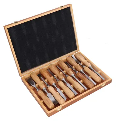 12-teiliges Holzschnitzmesser-Set, CRV-Klingen, Holzgriffe, 100 mm Klingenlänge