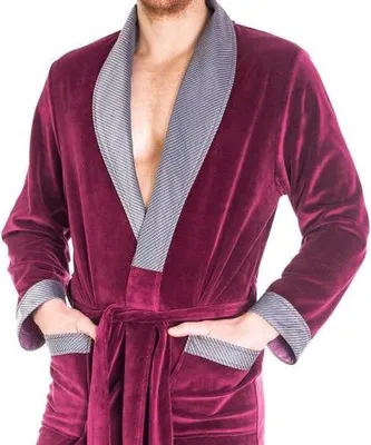 Produktbild von LEVERIE eleganter und kuschelweicher Velours-Bademantel für Herren mit edlem Reverskragen und Bindegürtel bordeaux mit Streifen, Gr. L