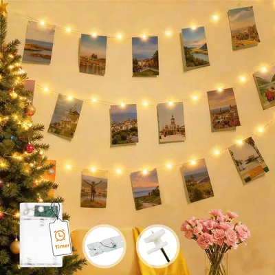 LED-Lichterkette mit 50 warmweißen LEDs, 30 Clips, 5 m, batteriebetrieben