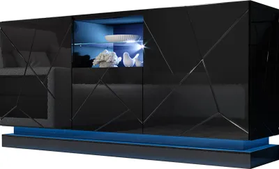 A modern, glossy black sideboard with geometric detailing and blue LED lighting.