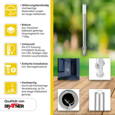 A collage of images showcasing a stainless steel garden lamp and its features, with a blurred outdoor background and a wooden surface.
