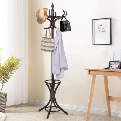 Produktbild von GOPLUS Garderobenständer 184cm, Garderobe aus Holz, Kleiderständer mit Schirmständer, Garderobe-Aufhänger mit 12 Kleiderhaken