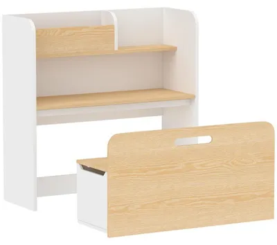 Immagine prodotto di Tavolo per bambini Moonbite 5-in-1, con panca imbottita, panca scorrevole con spazio contenitore, libreria e ripiani, altezza del piano scrivania 42 cm, pannello in MDF, colore bianco