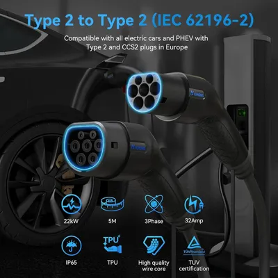 Obrázok produktu pre Nabíjací kábel typu 2 pre elektrické vozidlá, 32A, 5 metrov, 7,4 kW, stupeň ochrany IP55, TUV, pre elektrické vozidlá, podľa normy IEC 62196-2