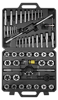 Produktbild von Gewindeschneider-Set - 51-teilig - SAE-Größen 6,35–25,4 mm - Mit Gewindebohrern und Schneideisen - Grob- und Feingewinde - Wälzlagerstahl - Im Tragekoffer