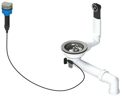 A product shot of a sink drain assembly and a separate component with a cable.