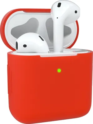 A red case for AirPods with the lid open, showing two white AirPods inside. A small green light is visible on the front of the case.