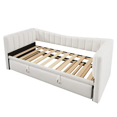 Produktbild von Merax Tagesbett Daybett 90x200 cm (180x200 cm), Polsterbett mit Ausziehbett, Schlafsofa, Doppelbett, Kinderbett, Samt, Weiß