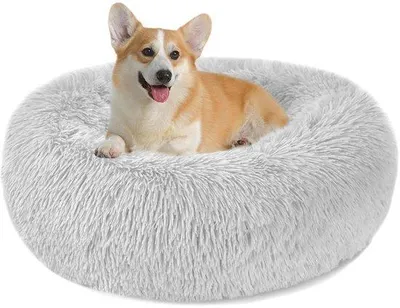 Image de Lit moelleux et rond en peluche pour chiens et chats, lavable, 60 cm, gris