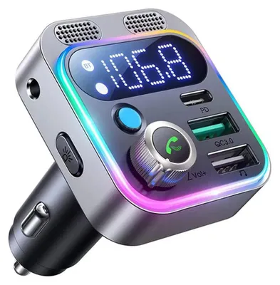 Image de Émetteur FM Bluetooth pour voiture, éclairage d'ambiance bleu, adaptateur radio sans fil pour voiture avec fonction mains libres, double chargeur USB, couleur argent foncé