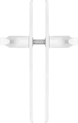 A white door handle set with a metal spindle in the center, shown against a white background.