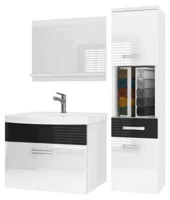 Produktbild von BELINI Badmöbel Set PRI P3 90 cm Weiß/Schwarz Hochglanz - Moderner Badschrank mit Waschbecken & Spiegel, Vollausstattung Wandmontage
