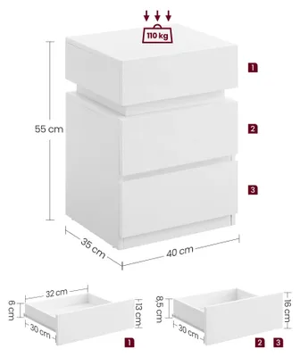 Produktbild von Nachttisch - Beistelltisch - Couchtisch - mit LED-Beleuchtung - Schrank mit 3 Schubladen - Modern