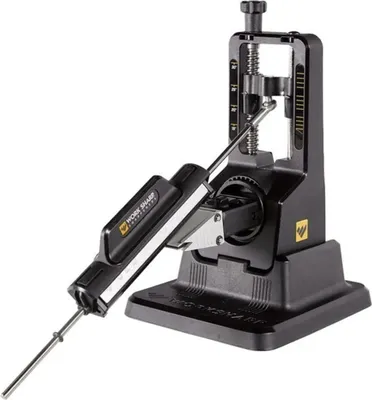 A black precision adjustable knife sharpener on a white background.