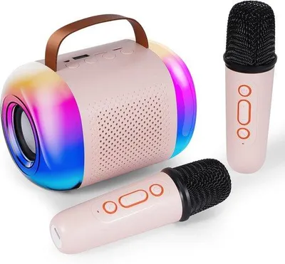 Immagine prodotto di Kit karaoke - Altoparlante portatile - Con 2 microfoni - 15 x 14,5 x 10 cm