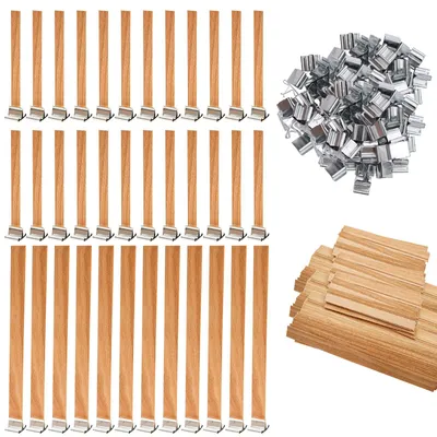 Image de Mèches en bois pour bougies - Avec 50 supports en métal - 100 pièces - 150 x 13 mm