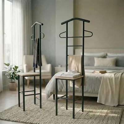 Produktbild von Herrendiener JIVO 2er-Set Stummer Diener Kleiderständer, Metallgestell schwarz und Ablage in Sonoma Eiche, 121 cm, Garderobe mit Hosenbügel