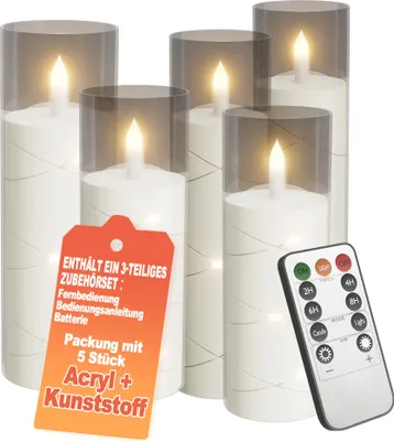 Obrázek produktu pro XMTECH LED svíčky sada 5 ks - bezplamenné svíčky Ø5cm x 14/14/16/18/20cm s dálkovým ovládáním a časovačem - na baterie, blikající, vnitřní a venkovní dekorace - průhledné