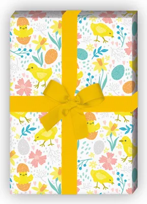 Produktbild von Fröhliches Küken Oster Geschenkpapier mit Osterglocken und Eiern, weiß - G11864, 32 x 48cm