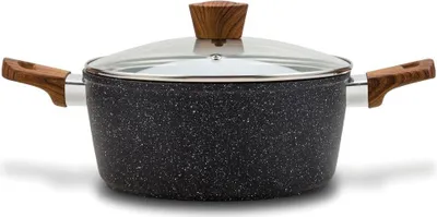A black pot with a speckled granite coating and a glass lid with a wooden handle.