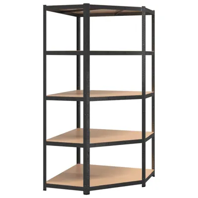 A corner shelving unit with five shelves.
