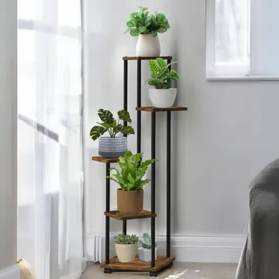 A multi-tiered plant stand with several potted plants is placed indoors near a window with sheer curtains.