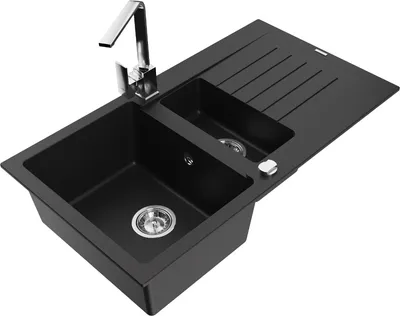 Produktbild von Mexen Matias 1,5-Becken-Granitspüle mit Abtropffläche und Mischbatterie Rita, Schwarz - 6502-77-670300-00