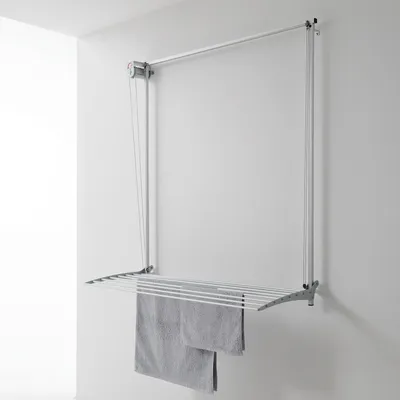 Produktbild von Wand Wäscheständer, vertikaler Wäscheständer für Wände, höhenverstellbar und verschließbar Wäscheleine für drinnen und draußen in Aluminium und Stahl, Foxydry Wall 100