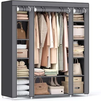 Produktbild von Famanu Garderobe mit Kleiderstange und Regalen - grau