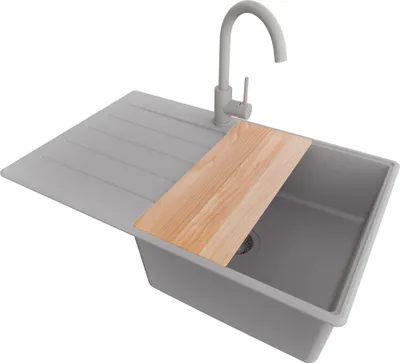 Produktbild von PRIMAGRAN Granitspüle Grau 78x50cm, Spülbecken 1 Becken + Küchenarmatur 32x20cm + Ablauf-Set + Schneidebrett, Küchenspüle ab 50er Unterschrank - Kopenhagen