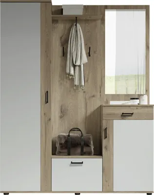 Produktbild von Bega Consult Garderobe JENS, Viking Oak/Mittelgrau, aus Holznachbildung mit Melaminbeschichtung, 145 x 184 x 29 cm (BxHxT), mit Kugelauszügen, Metallbeschlägen und Kleiderhaken am Paneel, 5-teilig (Hochschrank, Bank, Paneel, Kommode, Spiegel)