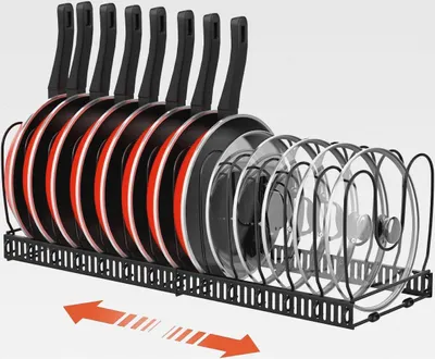 Produktbild von Pfannenhalter für Schublade, Erweiterbarer Topfdeckelhalter mit 14 Verstellbaren Teiler, Topfdeckel Aufbewahrung Pfannen Organizer Deckelhalter für Küche, Schwarz
