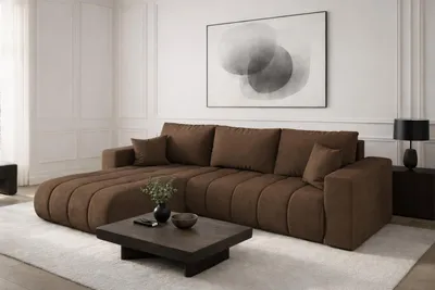 Image de Canapé d'angle avec fonction sommeil et coffre de lit MILO PREMIUM, tissu MONOLITH, marron clair, gauche