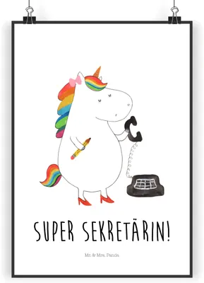 Produktbild von Mr. & Mrs. Panda Bild Einhorn Sekretärin DIN A5 - Weiß - Geschenk, Wandbild, Unicorn, Plakat, drucke, wanddeko, kunstdruck poster, Büro, Einhörner, Steuerkanzlei