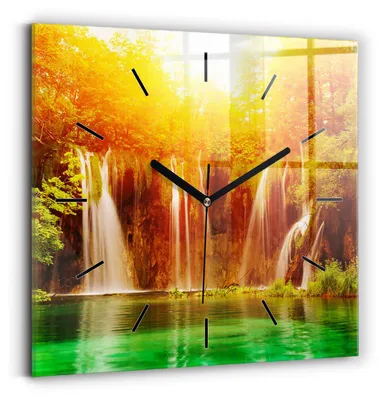 Produktbild von Wallfluent Wanduhr – Stilles Quarzuhrwerk - Uhr Dekoration Wohnzimmer Schlafzimmer Küche - Zifferblatt mit Striche - schwarze Zeiger - 30x30 cm - Blick auf einen Wasserfall