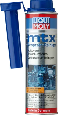A can of Liqui Moly mtx Vergaserreiniger with its blue applicator tube attached.