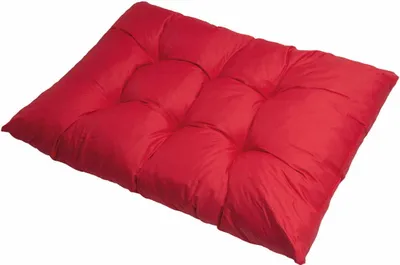 A red tufted cushion is shown against a white background.