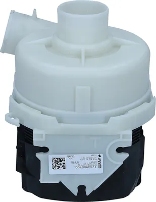 A white and black washing machine pump is shown against a white background.