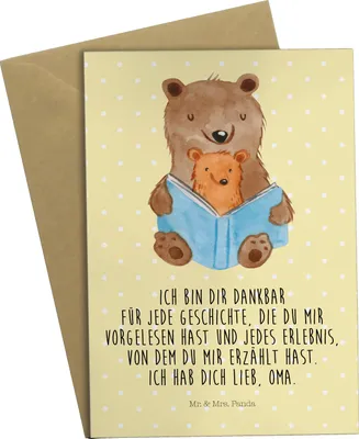 Produktbild von Mr. & Mrs. Panda Glückwunschkarte Bären Buch - Gelb Pastell - Geschenk, Omi, Muttertag, osterkarten, Oma, weihnachtskarten, glückwunschkarten, einladungskarten