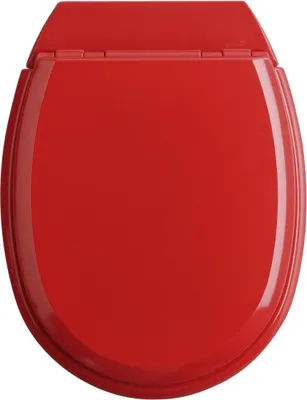 A top-down view of a closed red toilet seat.